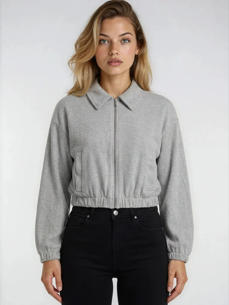Mixray Grey MIXRAY Relaxed Fit Zipper Jacket with Pockets for Women | Best Price UAE
